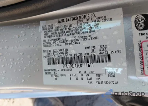 2012 Ford Fusion Sel из США, поврежденный, VIN 3FAHP0JA1CR111611